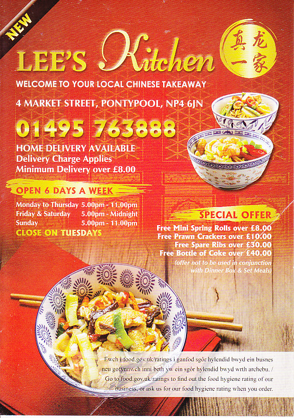 Lees kitchen Chinese takeaway menu in Pontypool