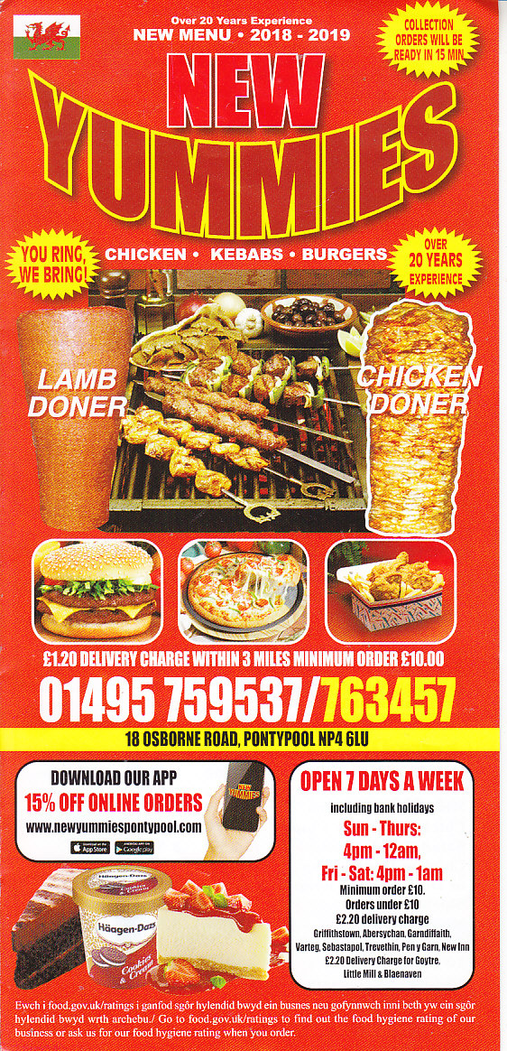 New Yummies Kebab takeaway menu in Pontypool