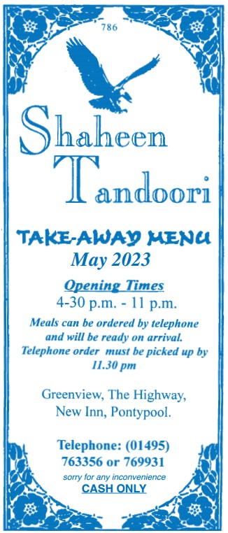 Shaheen Tandoori takeaway menu in New Inn, Pontypool