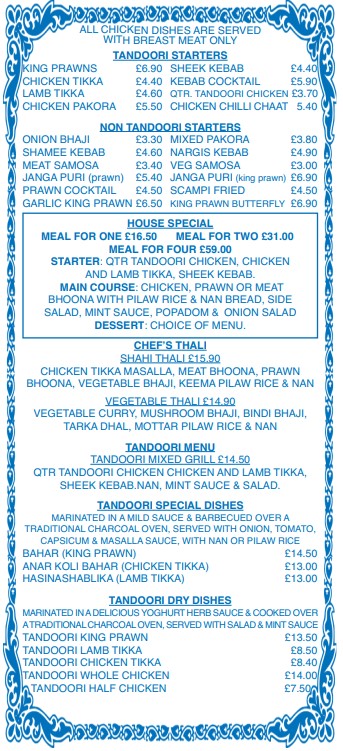 Shaheen Tandoori takeaway menu in New Inn, Pontypool