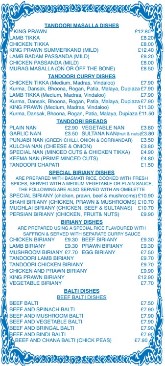 Shaheen Tandoori takeaway menu in New Inn, Pontypool