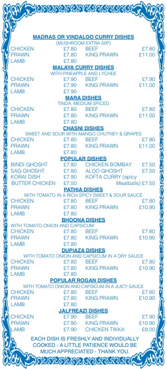 Shaheen Tandoori takeaway menu in New Inn, Pontypool