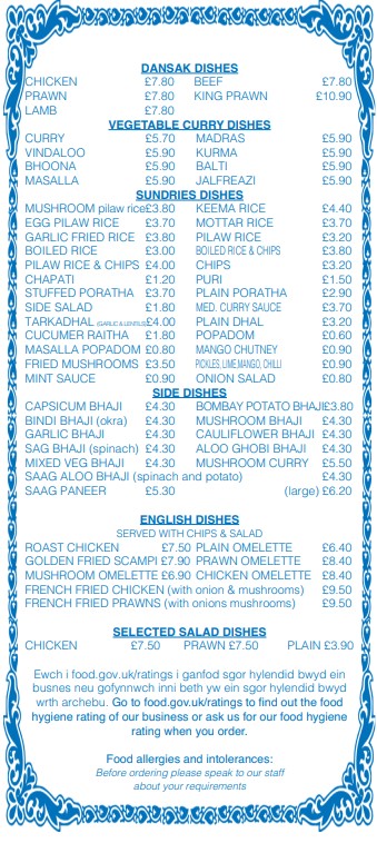 Shaheen Tandoori takeaway menu in New Inn, Pontypool