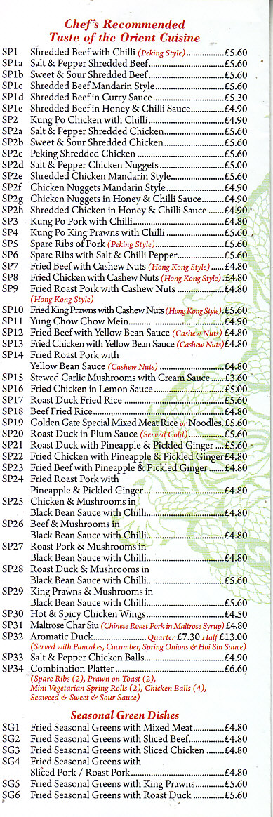 Golden Gate chinese Menu Cwmbran Takeaway