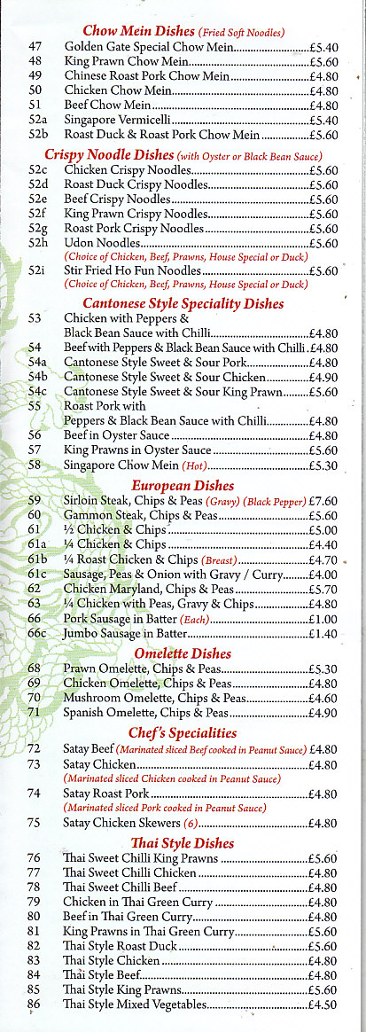 Golden Gate chinese Menu Cwmbran Takeaway