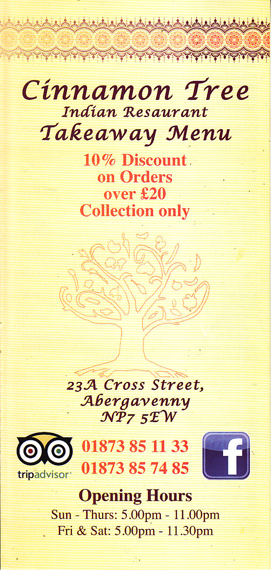 Menu of Cinnamon Tree Indian Takeaway Abergavenny