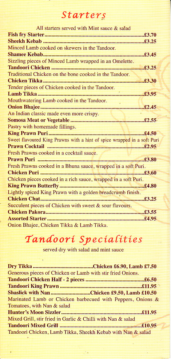 Menu of Cinnamon Tree Indian Takeaway Abergavenny