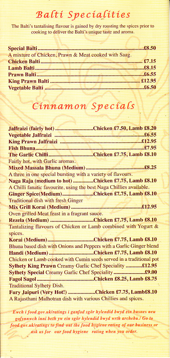 Menu of Cinnamon Tree Indian Takeaway Abergavenny