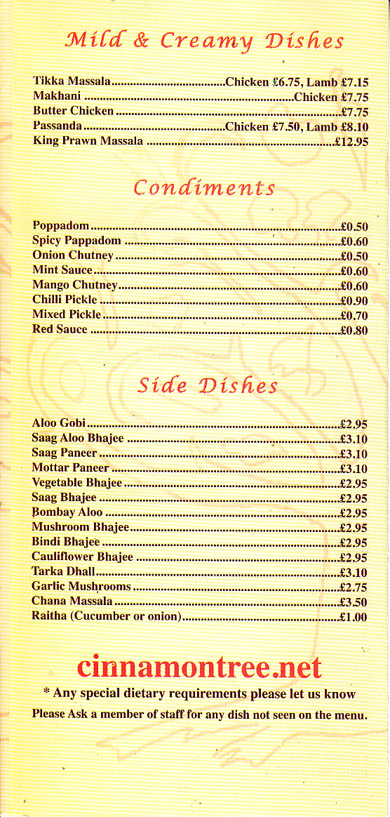 Menu of Cinnamon Tree Indian Takeaway Abergavenny