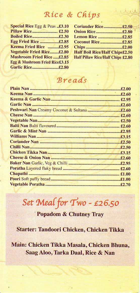 Menu of Cinnamon Tree Indian Takeaway Abergavenny