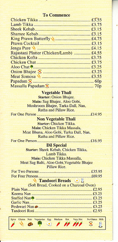 Dil Indian takeaway menu in Usk