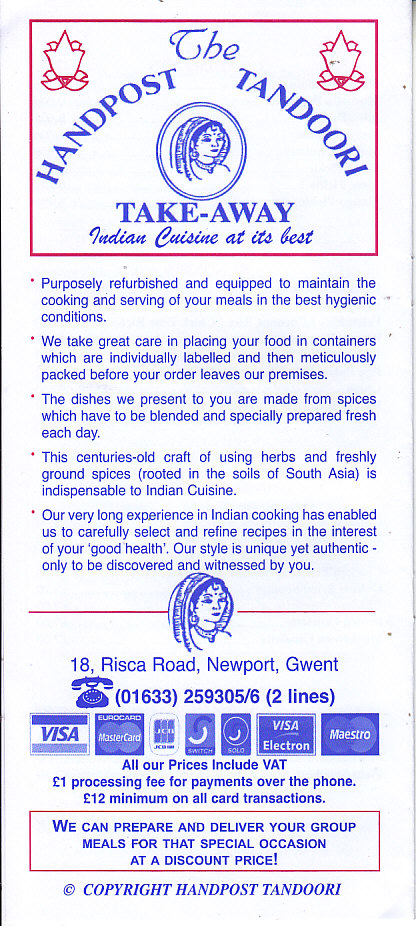 Handpost Tandoori menu Newport