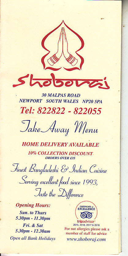 Shoboraj indian takeaway menu Newport