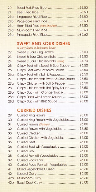 Menu of Mai Palace, Chinese, in Dukestown, Tredegar.