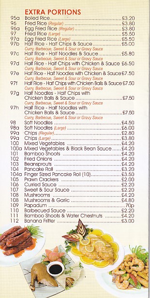 Menu of Mai Palace, Chinese, in Dukestown, Tredegar.