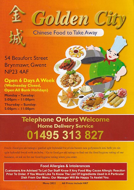 Menu of Golden City Chinese in Brynmawr Gwent