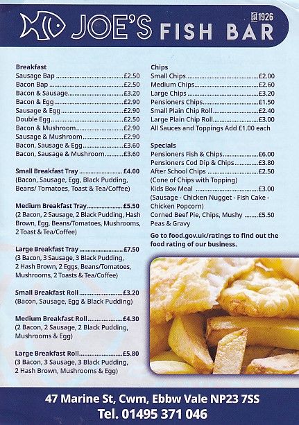 Menu of Joe's Fish Bar, Ebbw Vale