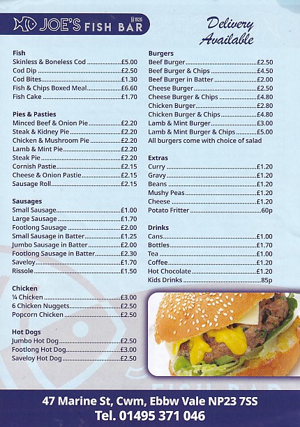 Menu of Joe's Fish Bar, Ebbw Vale