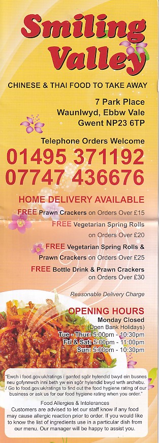 Menu of Smiling Valley,Chinese in Waunlwyd, Ebbw Vale