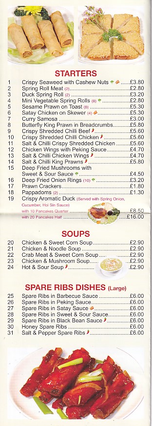 Menu of Smiling Valley,Chinese in Waunlwyd, Ebbw Vale