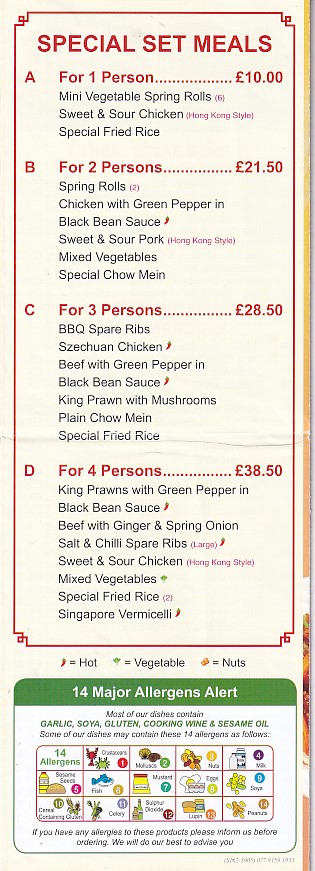 Menu of Smiling Valley,Chinese in Waunlwyd, Ebbw Vale