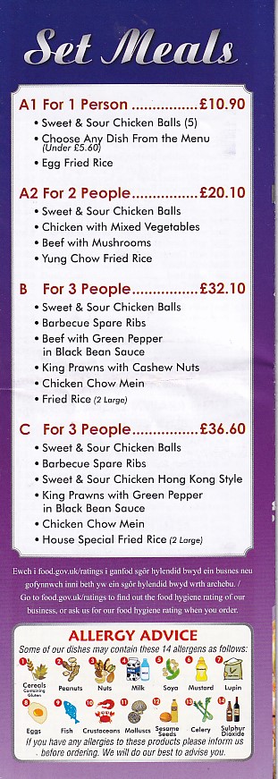 Menu of Sun Do, Chinese in Ebbw Vale