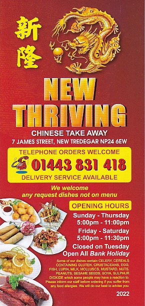 Menu of New Thriving , Chinese Takeaway in New Tredegar