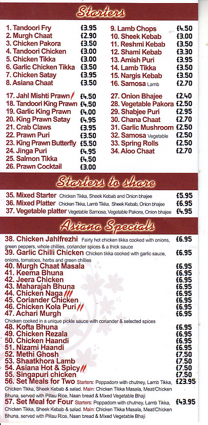 Asiana Indian takeaway menu in Pontypool