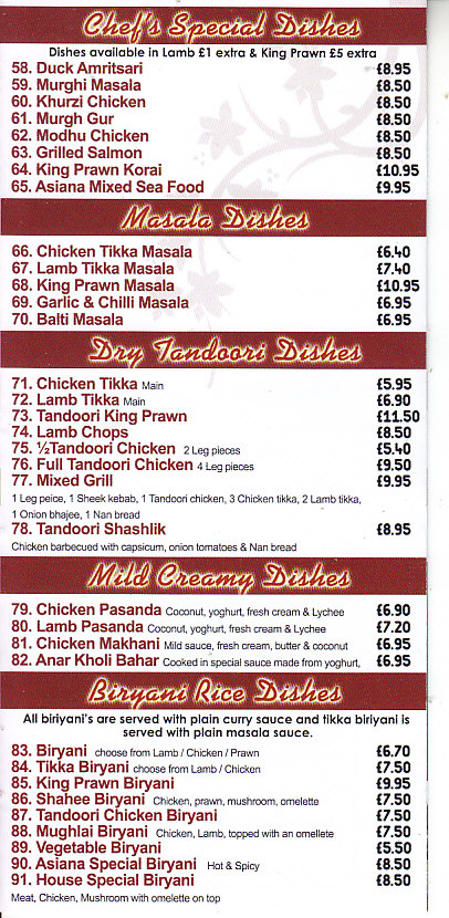 Asiana Indian takeaway menu in Pontypool