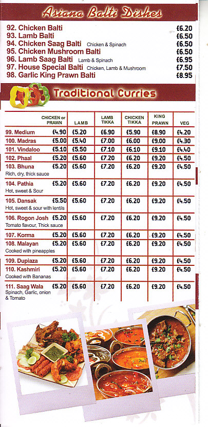 Asiana Indian takeaway menu in Pontypool