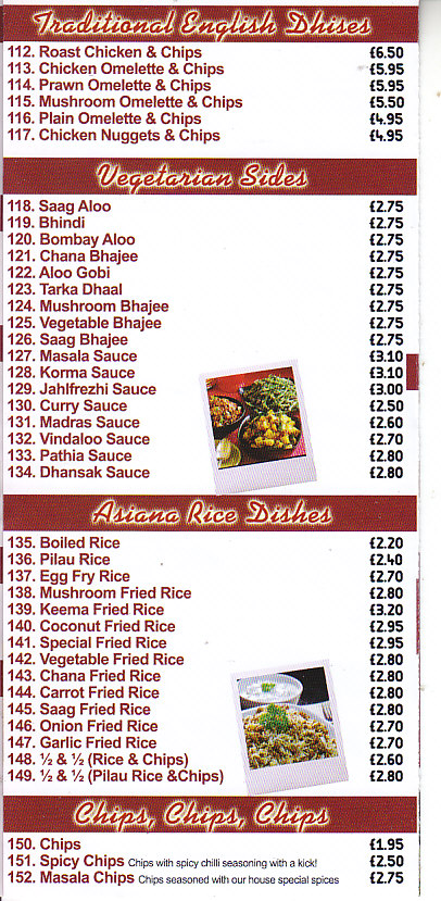 Asiana Indian takeaway menu in Pontypool