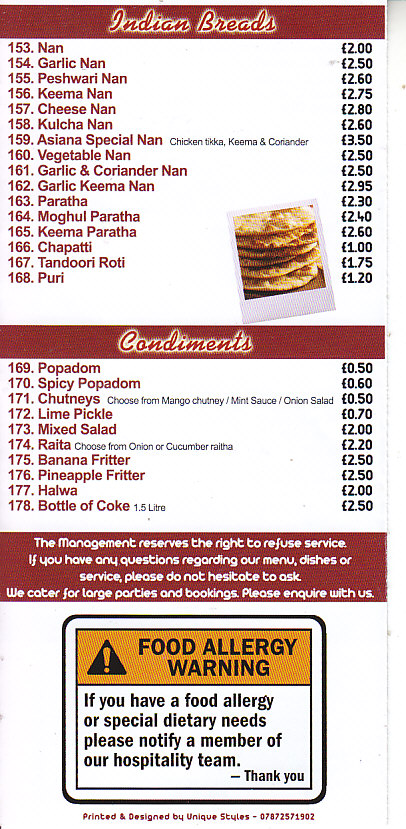 Asiana Indian takeaway menu in Pontypool