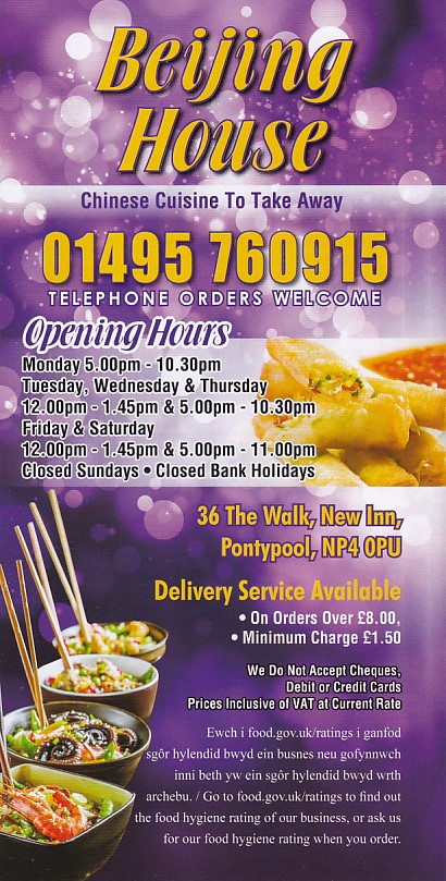 Beijing House, Chinese takeaway menu in New Inn, Pontypool