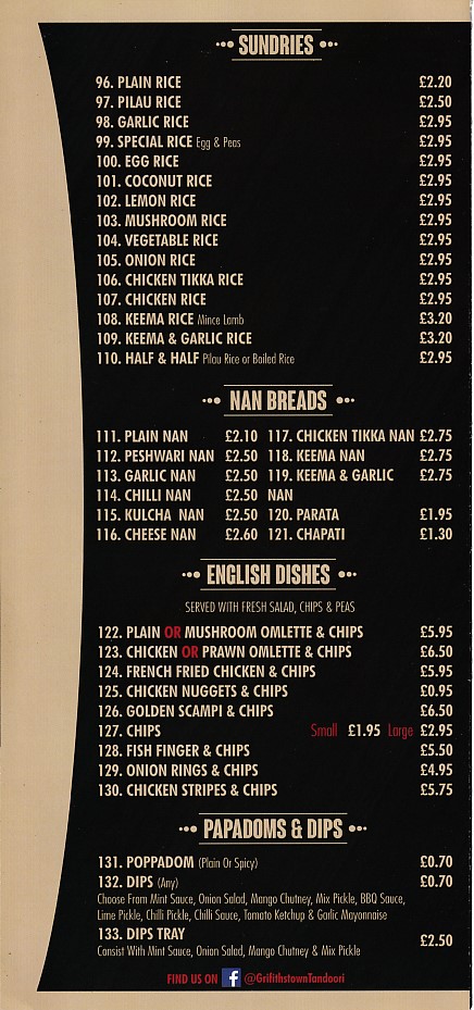 Griffithstown Tandoori, Indian menu in Griffithstown,,