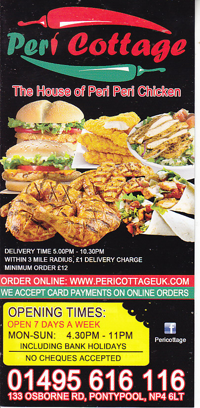 Peri cottage chicken takeaway menu in Pontypool