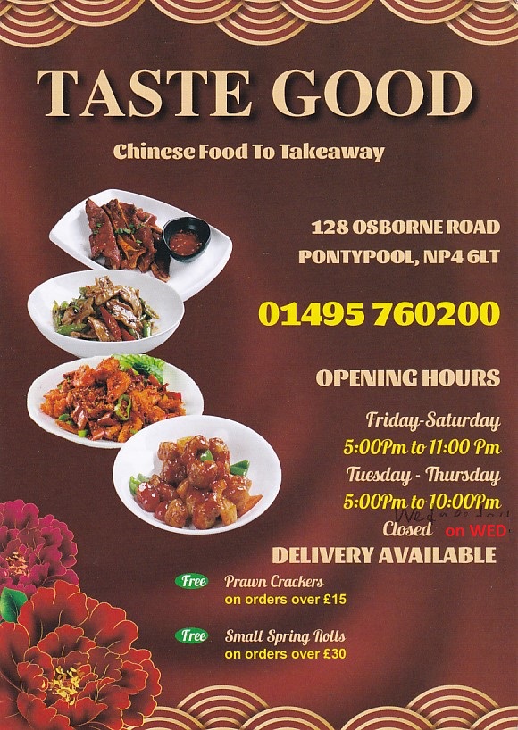 Taste Good Chinese takeaway menu in Pontypool