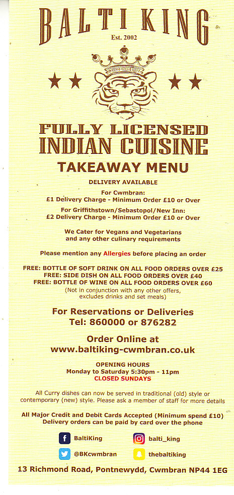 Balti King Menu Cwmbran