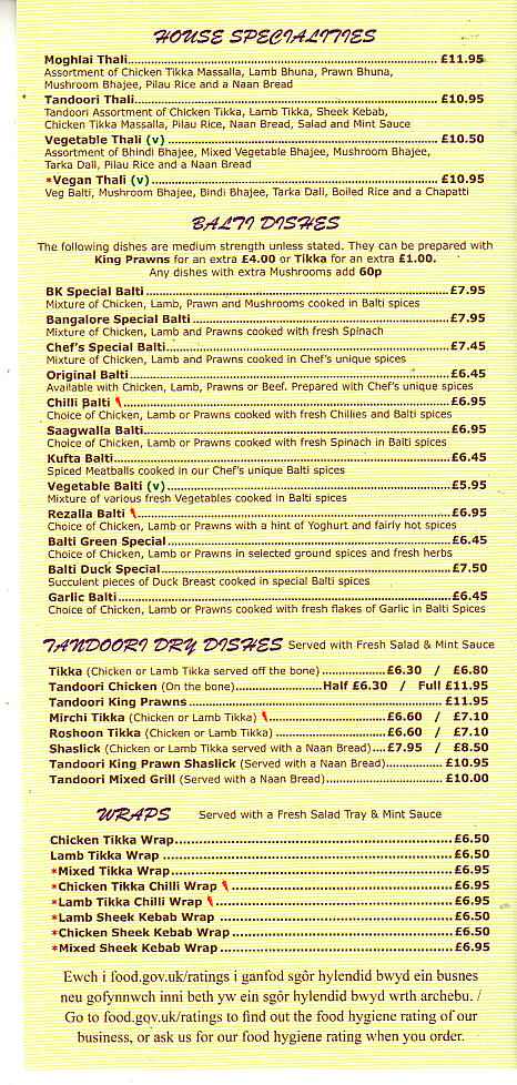 Balti King Menu Cwmbran