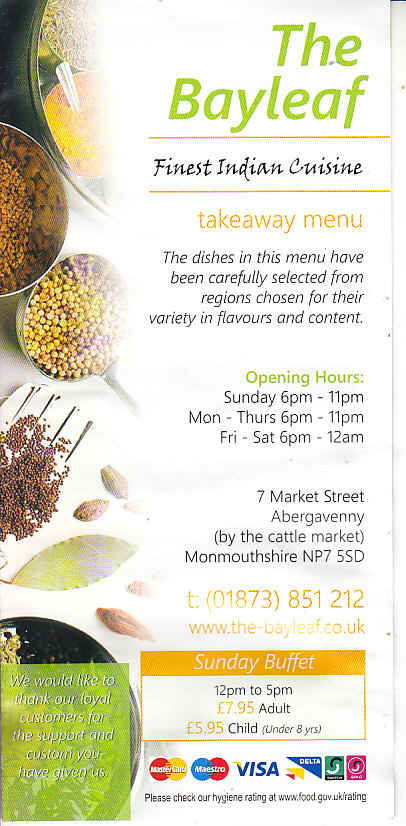 The Bayleaf Indian Menu takeaway