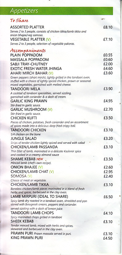 The Bayleaf Indian Menu takeaway