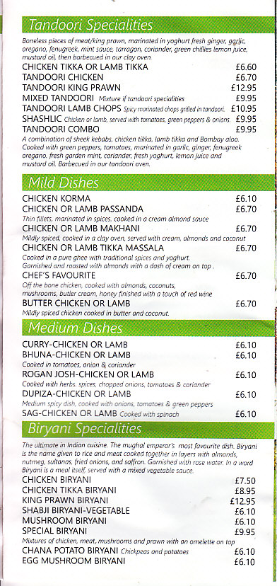 The Bayleaf Indian Menu takeaway