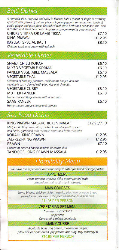 The Bayleaf Indian Menu takeaway