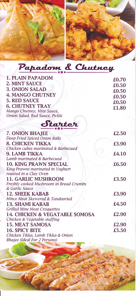 Tamarind Indian Takeaway Abergavenny menu