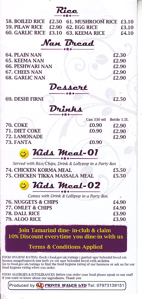 Tamarind Indian Takeaway Abergavenny menu